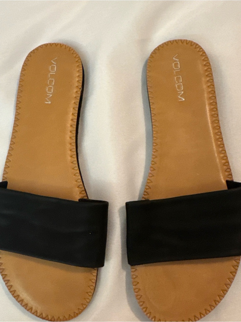 Volcom Black Slide Sandals with Tan Footbed - Picture 2 of 9